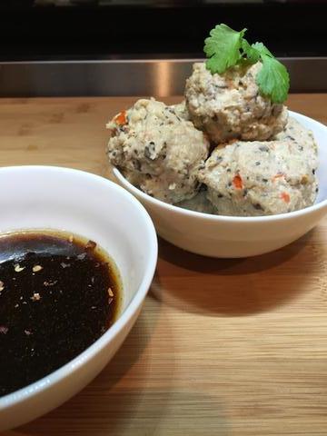 LCHF Asian Pork and Shiitake Mushroom Meatballs with Dipping Sauce.