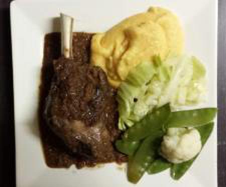 Red Wine Lamb Shanks with Mashed Potato, Pumpkin and Steamed Vegetables