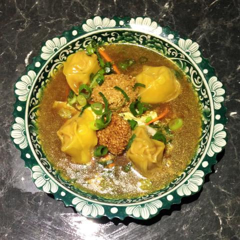 Asian Broth with Wontons and Sesame Meatballs
