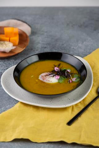 VEGETABLE SOUP AND POACHED EGG