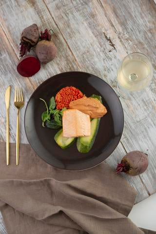 SALMON WITH BEET ROOT RICE, CAPER CREAM AND STEAMED ITALIAN SQUASH