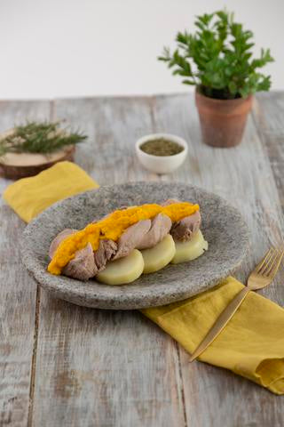 PORK STEAK WITH BACON AND STEAMED POTATOES