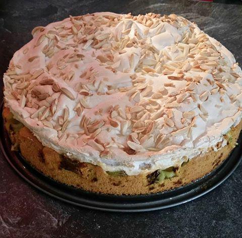 Rhubarb meringue cake with almond sticks
